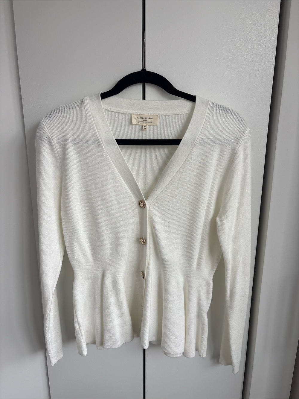 Elegant White V-Neck Button Peplum Cardigan